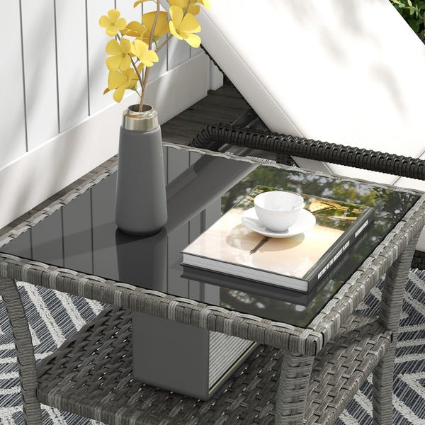 20" Patio Wicker Coffee Table, Outdoor PE Rattan Two-tier Side Table with Glass Top, for Patio, Garden, Balcony, Mixed Grey