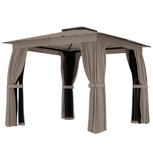 10' x 10' Outdoor Patio Gazebo, Soft Top Gazebo Canopy Shelter with Double Roof, Curtains, Netting, Steel Frame, UPF30+ Protection, Ceiling Hook for Lawn, Backyard, Deck, Khaki