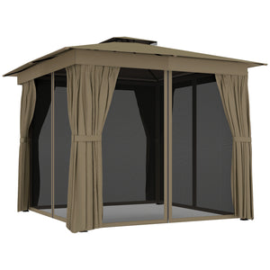 10' x 10' Outdoor Patio Gazebo, Soft Top Gazebo Canopy Shelter with Double Roof, Curtains, Netting, Steel Frame, UPF30+ Protection, Ceiling Hook for Lawn, Backyard, Deck, Khaki