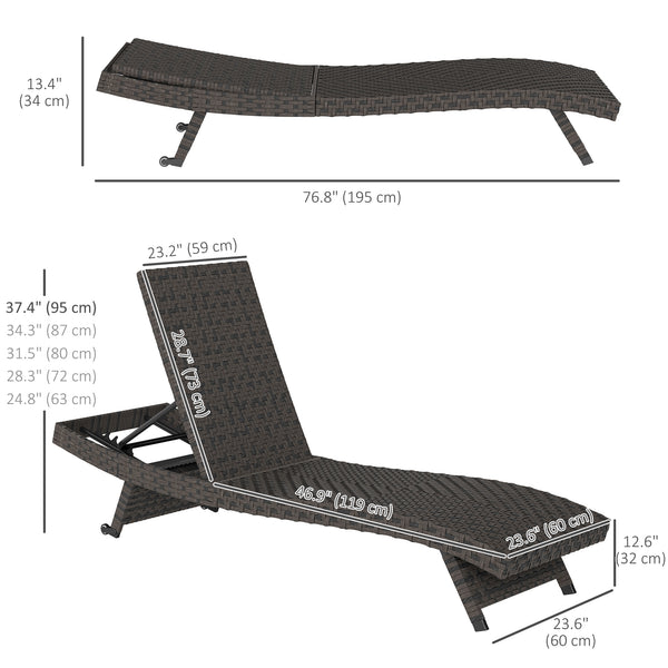 PE Rattan Patio Lounger, Foldable Outdoor Lounge Chair with 5-Level Adjustable Backrest, Two Wheels, and Quick-Drying Foam, for Sun Room, Garden, Poolside, Mixed Brown