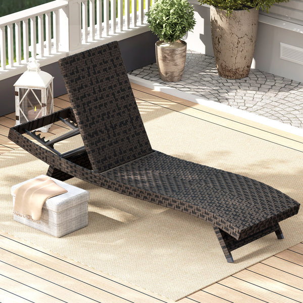 PE Rattan Patio Lounger, Foldable Outdoor Lounge Chair with 5-Level Adjustable Backrest, Two Wheels, and Quick-Drying Foam, for Sun Room, Garden, Poolside, Mixed Brown