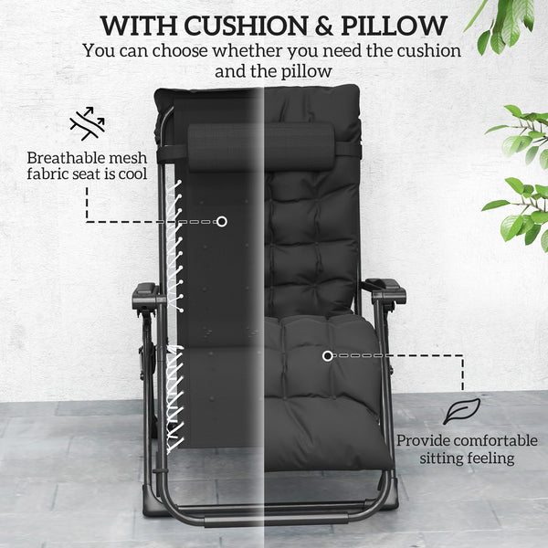 Reclining Zero Gravity Chair with Adjustable Backrest, Folding Garden Sun Lounger, Outdoor Recliner with Removable Cushion and Headrest, Black