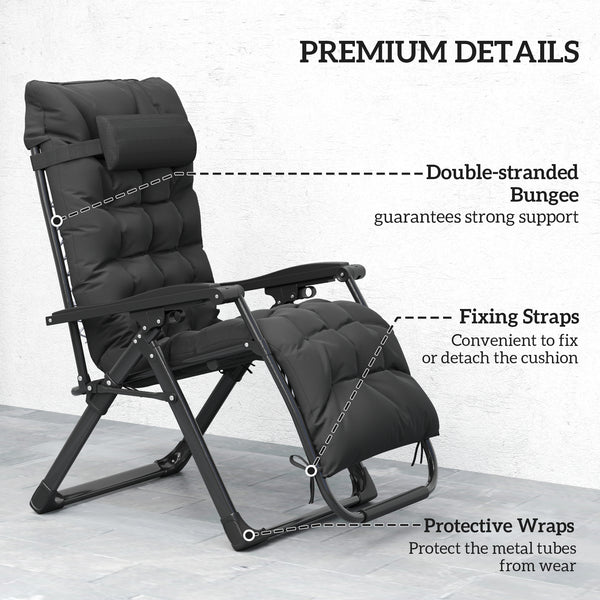 Reclining Zero Gravity Chair with Adjustable Backrest, Folding Garden Sun Lounger, Outdoor Recliner with Removable Cushion and Headrest, Black
