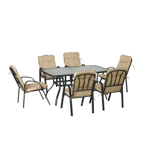 7 Pieces Garden Dining Set, Outdoor Dining Set with Cushions, Tempered Glass Top Table, Umbrella Hole, Texteline Seats, 6 Seater Garden Table and Chairs, Beige