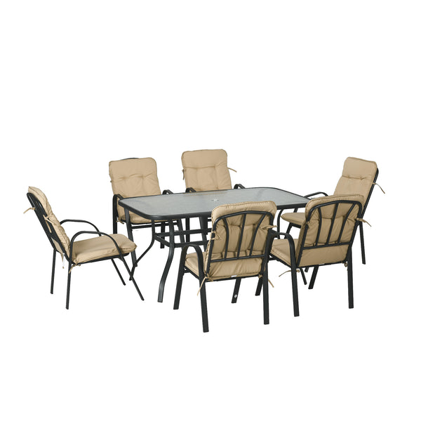 7 Pieces Garden Dining Set, Outdoor Dining Set with Cushions, Tempered Glass Top Table, Umbrella Hole, Texteline Seats, 6 Seater Garden Table and Chairs, Beige