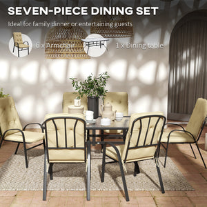 7 Pieces Garden Dining Set, Outdoor Dining Set with Cushions, Tempered Glass Top Table, Umbrella Hole, Texteline Seats, 6 Seater Garden Table and Chairs, Beige