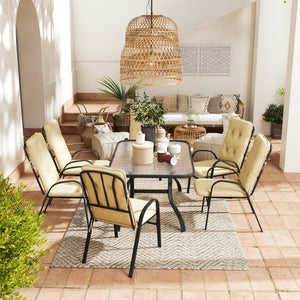 7 Pieces Garden Dining Set, Outdoor Dining Set with Cushions, Tempered Glass Top Table, Umbrella Hole, Texteline Seats, 6 Seater Garden Table and Chairs, Beige