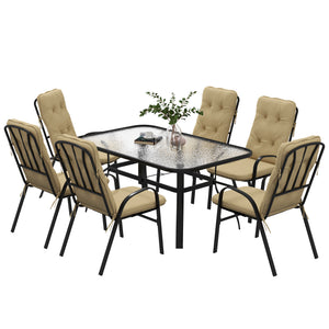 7 Pieces Garden Dining Set, Outdoor Dining Set with Cushions, Tempered Glass Top Table, Umbrella Hole, Texteline Seats, 6 Seater Garden Table and Chairs, Beige