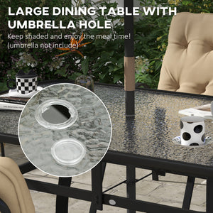 7 Pieces Garden Dining Set, Outdoor Dining Set with Cushions, Tempered Glass Top Table, Umbrella Hole, Texteline Seats, 6 Seater Garden Table and Chairs, Beige