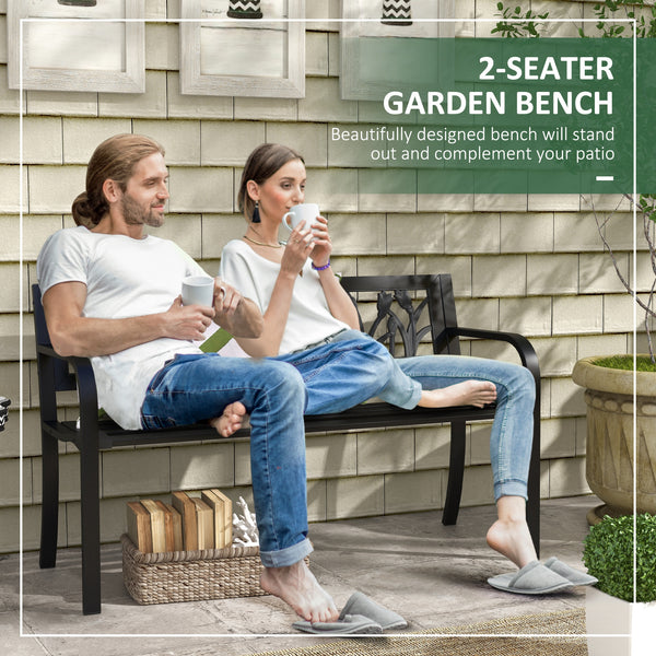49" Garden Bench Seat, Metal Outdoor Loveseat with Decorative Backrest, Curved Arms and Slatted Seat for Patio, Backyard, Lawn, Black
