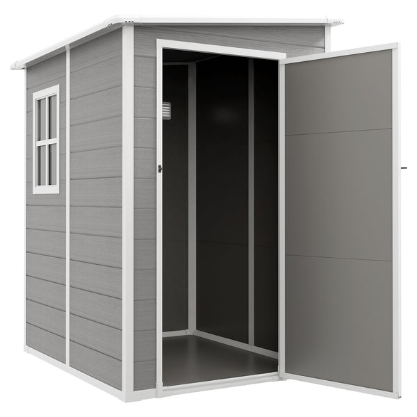 4 x 5FT Plastic Garden Shed with Floor, Lean to Shed, Lockable Tool Storage House with Window, Vent and Plastic Roof, Grey