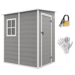 4 x 5FT Lean to Outdoor Storage Shed with Floor, Plastic Garden Tool Storage House Organizer with Window, Vent and Plastic Roof for Backyard, Patio, Lawn, Grey