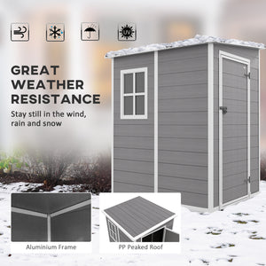 4 x 5FT Plastic Garden Shed with Floor, Lean to Shed, Lockable Tool Storage House with Window, Vent and Plastic Roof, Grey