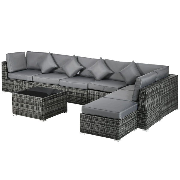 8 Pieces PE Rattan Corner Sofa Set, Outdoor Garden Furniture Set, Patio Wicker Sofa Seater w/ Cushion, Washable Cushion Cover & Tempered Glass Table, Grey