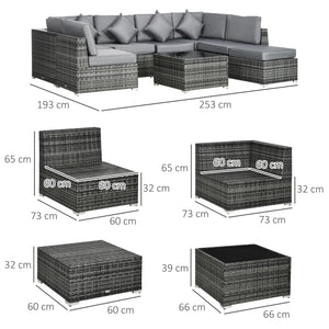 8 Pieces PE Rattan Corner Sofa Set, Outdoor Garden Furniture Set, Patio Wicker Sofa Seater w/ Cushion, Washable Cushion Cover & Tempered Glass Table, Grey