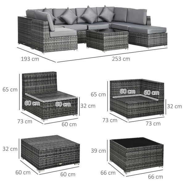 8 Pieces PE Rattan Corner Sofa Set, Outdoor Garden Furniture Set, Patio Wicker Sofa Seater w/ Cushion, Washable Cushion Cover & Tempered Glass Table, Grey