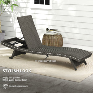 PE Rattan Patio Lounger, Foldable Outdoor Lounge Chair with 5-Level Adjustable Backrest, Two Wheels, and Quick-Drying Foam, for Sun Room, Garden, Poolside, Mixed Grey