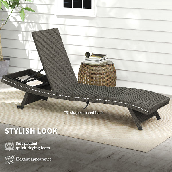 PE Rattan Patio Lounger, Foldable Outdoor Lounge Chair with 5-Level Adjustable Backrest, Two Wheels, and Quick-Drying Foam, for Sun Room, Garden, Poolside, Mixed Grey