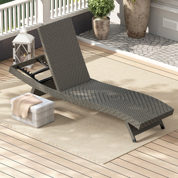 PE Rattan Patio Lounger, Foldable Outdoor Lounge Chair with 5-Level Adjustable Backrest, Two Wheels, and Quick-Drying Foam, for Sun Room, Garden, Poolside, Mixed Grey