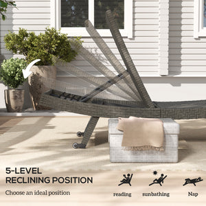 PE Rattan Patio Lounger, Foldable Outdoor Lounge Chair with 5-Level Adjustable Backrest, Two Wheels, and Quick-Drying Foam, for Sun Room, Garden, Poolside, Mixed Grey