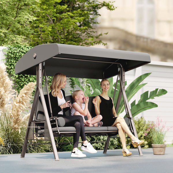 3 Seater Canopy Swing Chair, Outdoor Garden Swing Seat with Adjustable Canopy, Cushions and Cup Trays, Steel Frame, Dark Grey