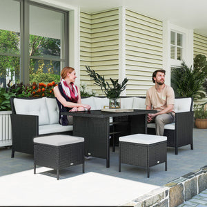 6 Pieces Patio Dining Set Wicker Outdoor Furniture Set Garden Rattan Sofa Set Outdoor Sectional Couch with Cushions, Dining Table and Ottomans, White