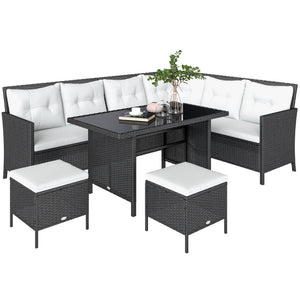 6 Pieces Patio Dining Set Wicker Outdoor Furniture Set Garden Rattan Sofa Set Outdoor Sectional Couch with Cushions, Dining Table and Ottomans, White
