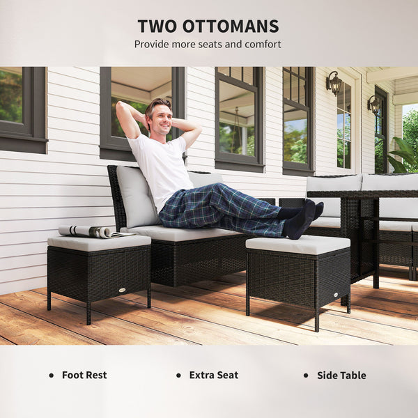 6 Pieces Patio Dining Set Wicker Outdoor Furniture Set Garden Rattan Sofa Set Outdoor Sectional Couch with Cushions, Dining Table and Ottomans, White
