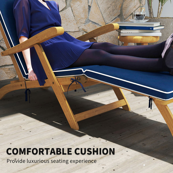 Outdoor Lounge Chair, Acacia Wood Folding Chaise Lounge Chair Recliner with Adjustable Footrest, Padded Cushion, Recline Back and Armrests for Patio Garden, Navy Blue