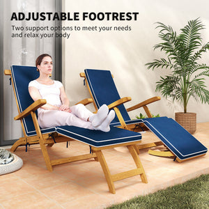 Outdoor Lounge Chair, Acacia Wood Folding Chaise Lounge Chair Recliner with Adjustable Footrest, Padded Cushion, Recline Back and Armrests for Patio Garden, Navy Blue