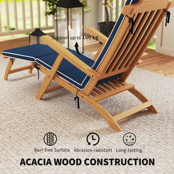 Outdoor Lounge Chair, Acacia Wood Folding Chaise Lounge Chair Recliner with Adjustable Footrest, Padded Cushion, Recline Back and Armrests for Patio Garden, Navy Blue