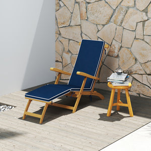 Outdoor Lounge Chair, Acacia Wood Folding Chaise Lounge Chair Recliner with Adjustable Footrest, Padded Cushion, Recline Back and Armrests for Patio Garden, Navy Blue