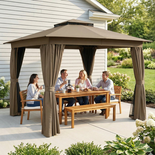 10' x 10' Outdoor Patio Gazebo, Soft Top Gazebo Canopy Shelter with Double Roof, Curtains, Netting, Steel Frame, UPF30+ Protection, Ceiling Hook for Lawn, Backyard, Deck, Khaki