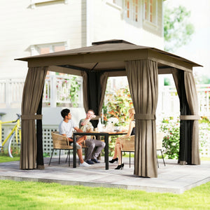 10' x 10' Outdoor Patio Gazebo, Soft Top Gazebo Canopy Shelter with Double Roof, Curtains, Netting, Steel Frame, UPF30+ Protection, Ceiling Hook for Lawn, Backyard, Deck, Khaki