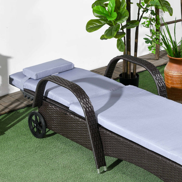 Wicker Chaise Lounge, Outdoor Lounge Chair, PE Rattan Patio Sun lounger with Head-rest, 5-Level Height Adjust Backrest, Cushion, & Wheels, Deep Coffee and Silver Grey
