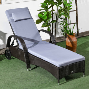 Wicker Chaise Lounge, Outdoor Lounge Chair, PE Rattan Patio Sun lounger with Head-rest, 5-Level Height Adjust Backrest, Cushion, & Wheels, Deep Coffee and Silver Grey