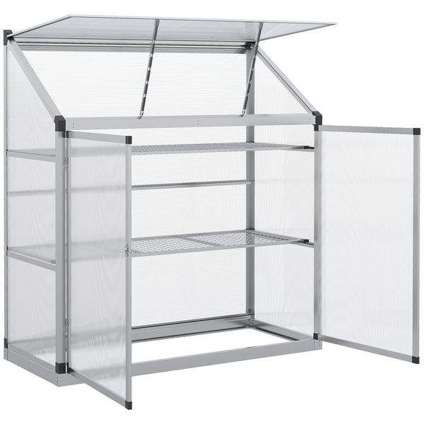 Aluminum Cold Frame Greenhouse, Raised Planter Bed Protection with Openable Top and 2 Shelves for Outdoor Indoor, 52" x 23" x 55", Silver
