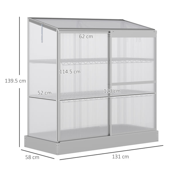 3 Tier Greenhouse Garden Outdoor Cold Frame Plant Flower Growth Transparent Polycarbonate Board Openable Roof Sliding Door w/ Foundation 131L x 58W x 140H cm