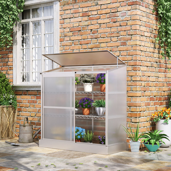 Aluminum Cold Frame Greenhouse, Raised Planter Bed Protection with Openable Top and 2 Shelves for Outdoor Indoor, 52" x 23" x 55", Silver