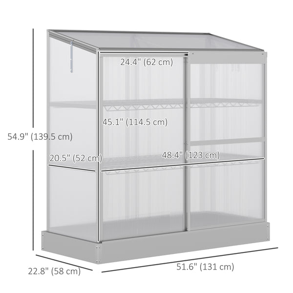 Aluminum Cold Frame Greenhouse, Raised Planter Bed Protection with Openable Top and 2 Shelves for Outdoor Indoor, 52" x 23" x 55", Silver