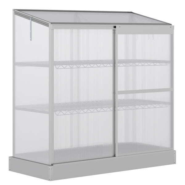 3 Tier Greenhouse Garden Outdoor Cold Frame Plant Flower Growth Transparent Polycarbonate Board Openable Roof Sliding Door w/ Foundation 131L x 58W x 140H cm