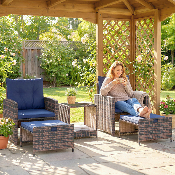 5 Piece Patio Furniture Set, Wicker Patio Chairs with Ottomans, 2-Tier Glass Coffee Table, Cushions, Outdoor Patio Furniture Conversation Set for Balcony, Brown/Dark Blue