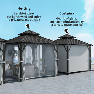 3 x 3(m) Hardtop Gazebo Canopy with Double Metal Roof, Waterproof Permanent Pavilion Garden Gazebo with Netting and Curtains, Easy to Assemble