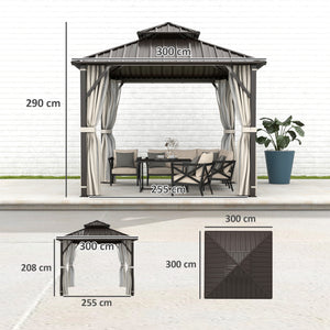 3 x 3(m) Hardtop Gazebo Canopy with Double Metal Roof, Waterproof Permanent Pavilion Garden Gazebo with Netting and Curtains, Easy to Assemble