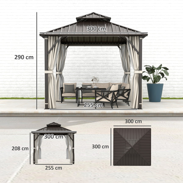 3 x 3(m) Hardtop Gazebo Canopy with Double Metal Roof, Waterproof Permanent Pavilion Garden Gazebo with Netting and Curtains, Easy to Assemble