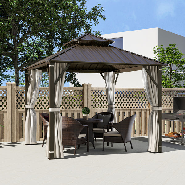 3 x 3(m) Hardtop Gazebo Canopy with Double Metal Roof, Waterproof Permanent Pavilion Garden Gazebo with Netting and Curtains, Easy to Assemble
