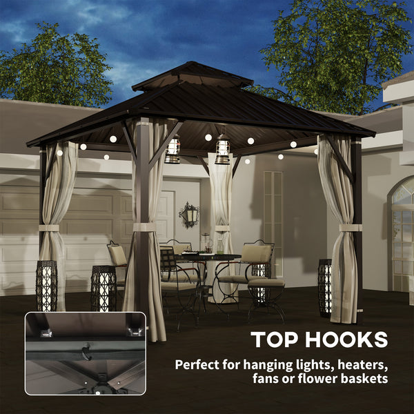 3 x 3(m) Hardtop Gazebo Canopy with Double Metal Roof, Waterproof Permanent Pavilion Garden Gazebo with Netting and Curtains, Easy to Assemble