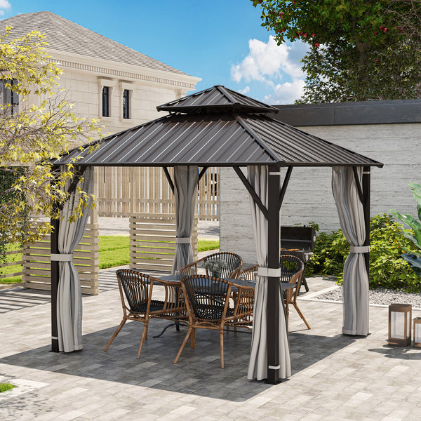 3 x 3(m) Hardtop Gazebo Canopy with Double Metal Roof, Waterproof Permanent Pavilion Garden Gazebo with Netting and Curtains, Easy to Assemble