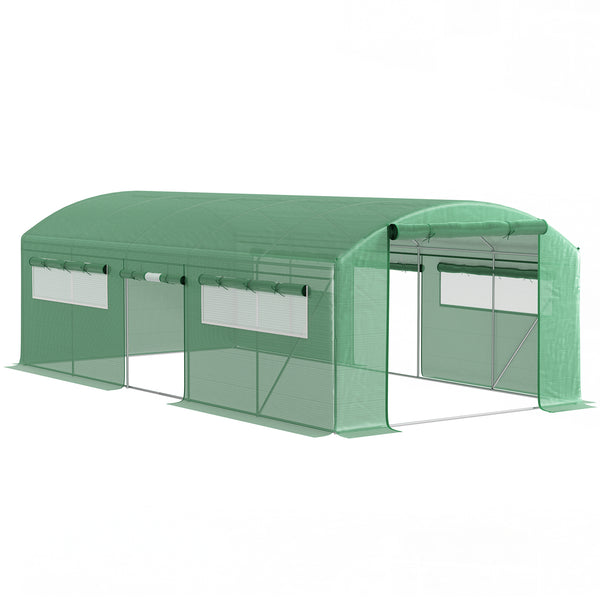 6 x 3 x 2m Polytunnel Greenhouse with 3 Roll-up Doors and Mesh Windows, Walk-in Garden Tunnel Warm House Tent with UV-resistant PE Cover and Galvanised Steel Frame, Green