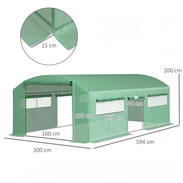 6 x 3 x 2m Polytunnel Greenhouse with 3 Roll-up Doors and Mesh Windows, Walk-in Garden Tunnel Warm House Tent with UV-resistant PE Cover and Galvanised Steel Frame, Green